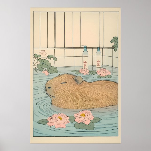 Capybara Badtryck Japansk Ukiyo-e Djurkonst Poster (Framsidan)