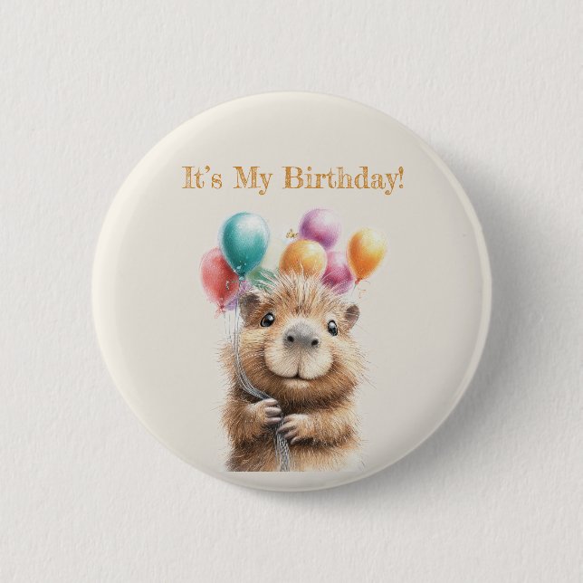 Capybara Birthday Button • Cute Woodland Party Knapp (Framsida)