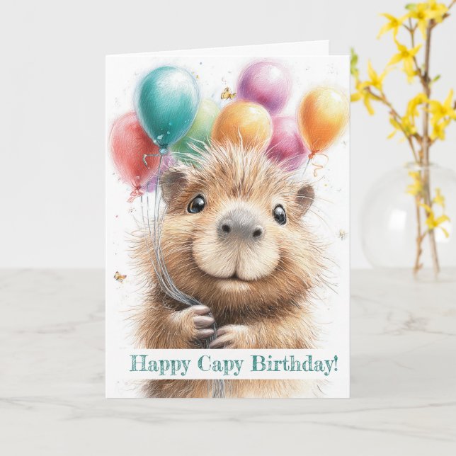 Capybara Birthday Card • Cute Balloon Design Kort (Gul blomma)