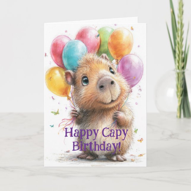 Capybara Birthday Card • Cute Balloon Design Kort (Framsida)
