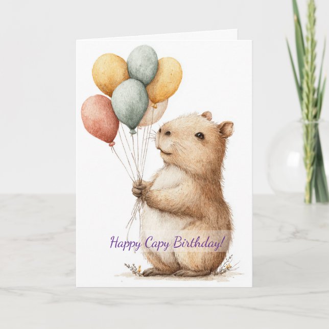Capybara Birthday Card • Cute Balloon Design Kort (Framsida)