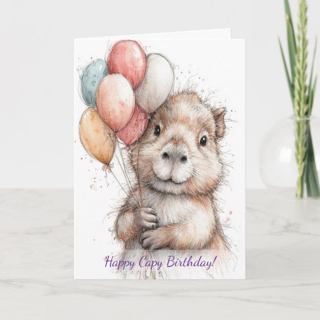 Capybara Birthday Card • Cute Balloon Design Kort (Framsida)