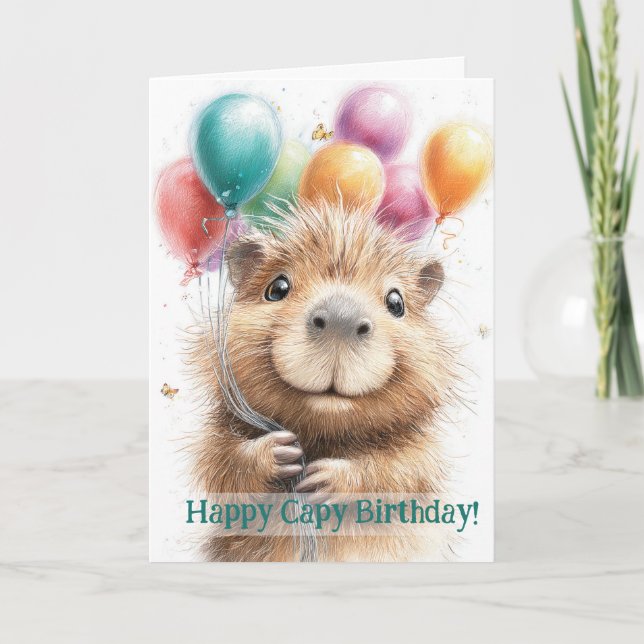 Capybara Birthday Card • Cute Balloon Design Kort (Framsida)