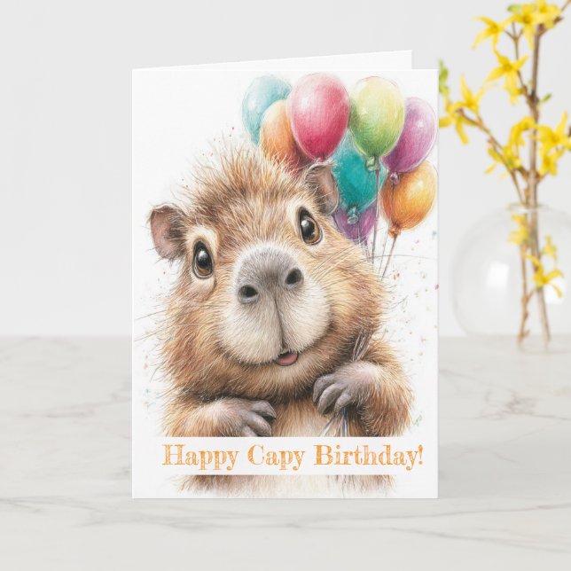 Capybara Birthday Card • Cute Balloon Design Kort (Gul blomma)