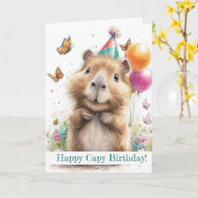 Capybara Birthday Card • Cute Balloon Design Kort (Gul blomma)