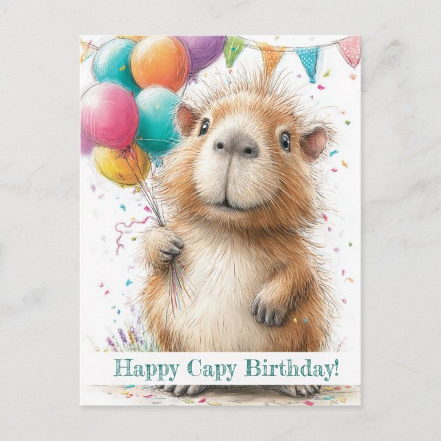 Capybara Birthday Card • Cute Balloon Design Vykort (Framsida)