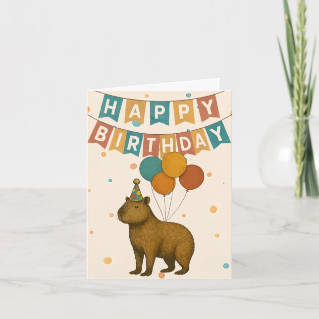 Capybara Birthday Card - Cute Party Animal Kort (Framsida)