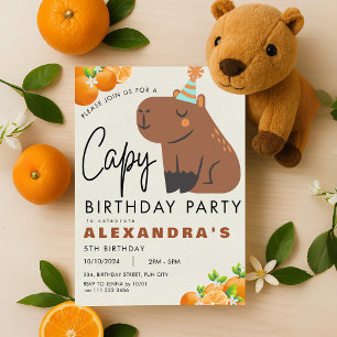 Capybara Birthday Cute Orange Tangerine Capibara Inbjudningar