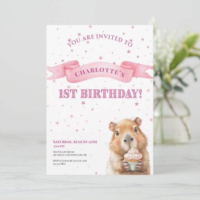Capybara Birthday Invitation • Cute First Birthday Spara Datumet (Stående Fram)
