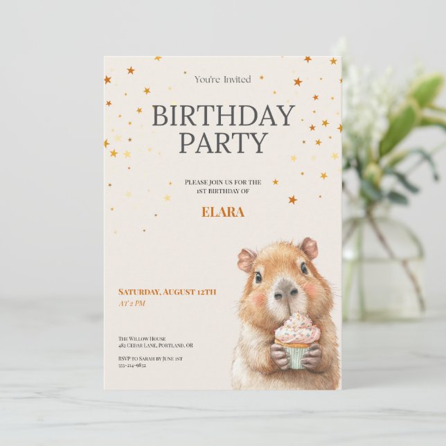 Capybara Birthday Invitation • Cute First Birthday Spara Datumet (Stående Fram)