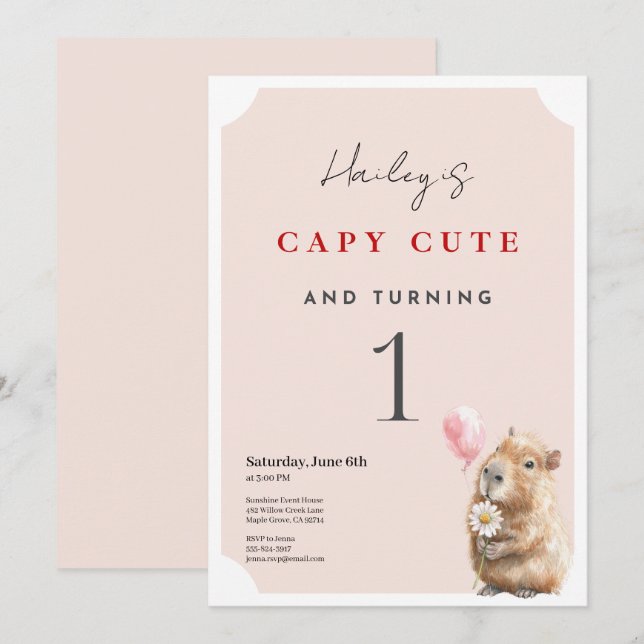 Capybara Birthday Invitation • First Birthday Part Kort (Fram/baksida)