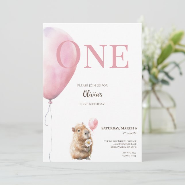 Capybara Birthday Invitation • Pink Balloon (Stående Fram)