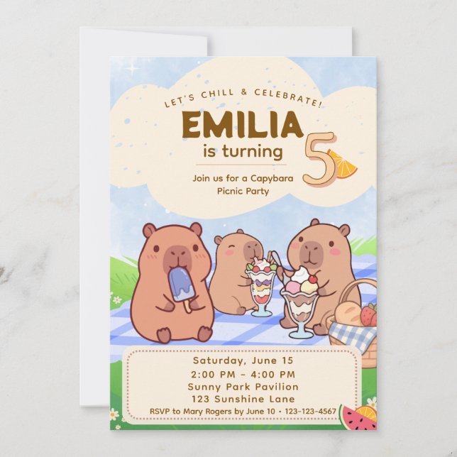 Capybara Birthday Picnic Invitation Inbjudningar (Framsida)
