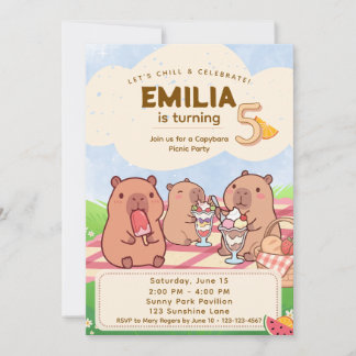 Capybara Birthday Picnic Invitation Inbjudningar