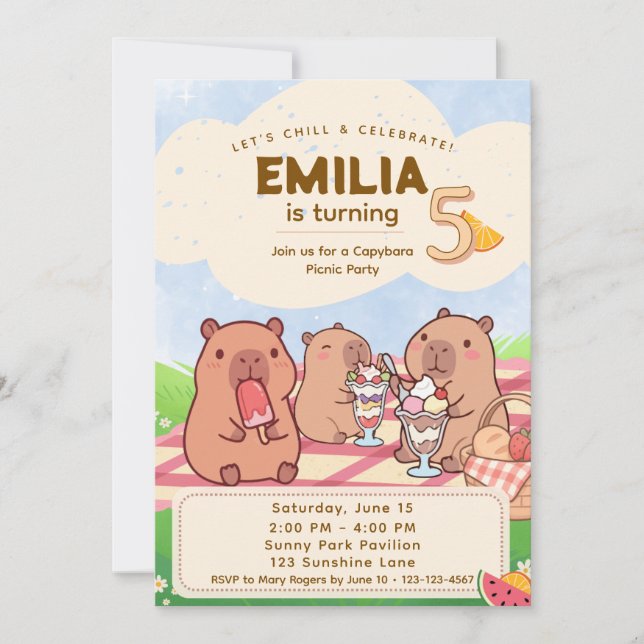 Capybara Birthday Picnic Invitation Inbjudningar (Framsida)