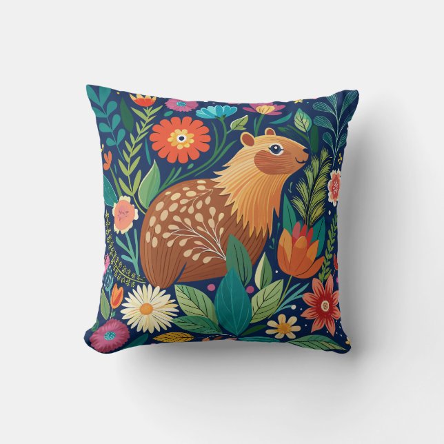 Capybara Blommigt Dekorativ kudde (Framsida)