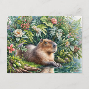 Capybara Botanical Watercolor Art Vykort