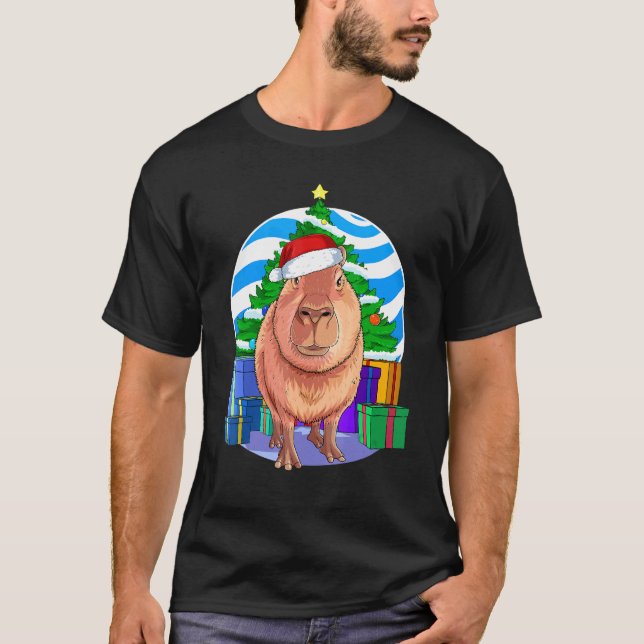 Capybara Cavy Cute Santa Julgran Decor T Shirt (Framsida)