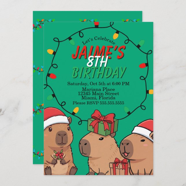 Capybara Christmas Lights Birthday Party  Inbjudningar (Fram/baksida)