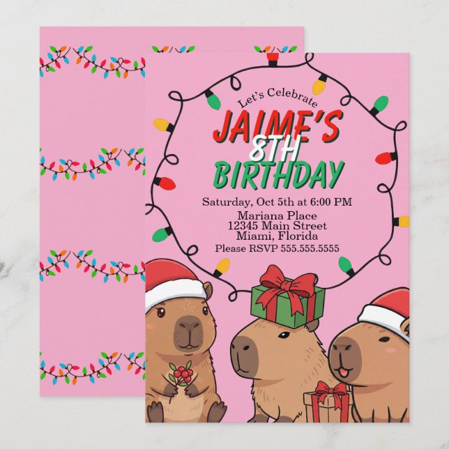 Capybara Christmas Lights Birthday Party  Inbjudningar (Fram/baksida)