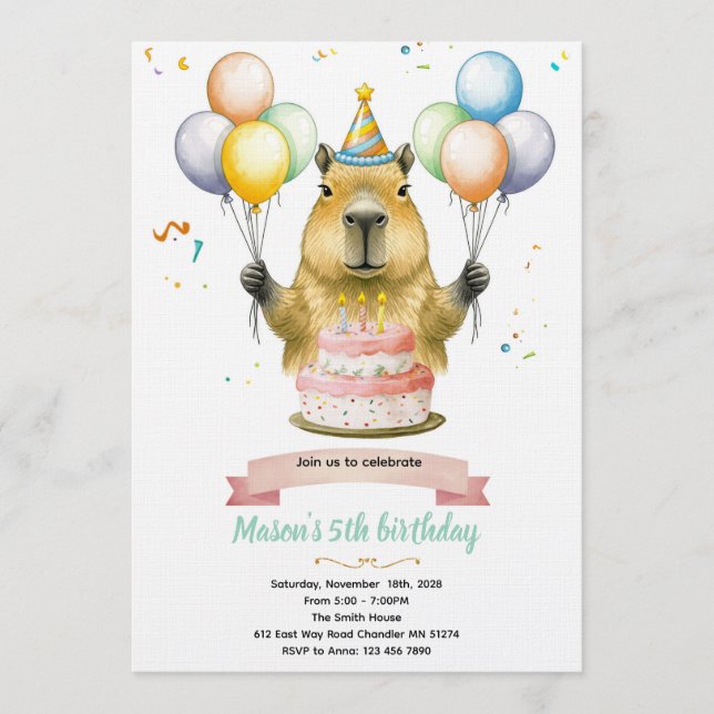 Capybara cute birthday invitation inbjudningar (Framsida)