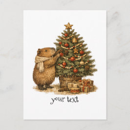 Capybara Decorating Christmas Tree Cozy Retro Gift Vykort