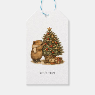 Capybara Dekorerar Julgran Mysig Retropresent Presentetikett