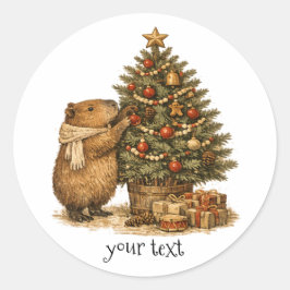 Capybara Dekorerar Julgran Mysig Retropresent Runt Klistermärke