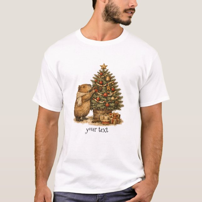 Capybara Dekorerar Julgran Mysig Retropresent T Shirt (Framsida)