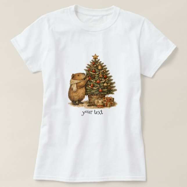 Capybara Dekorerar Julgran Mysig Retropresent T Shirt (Design framsida)