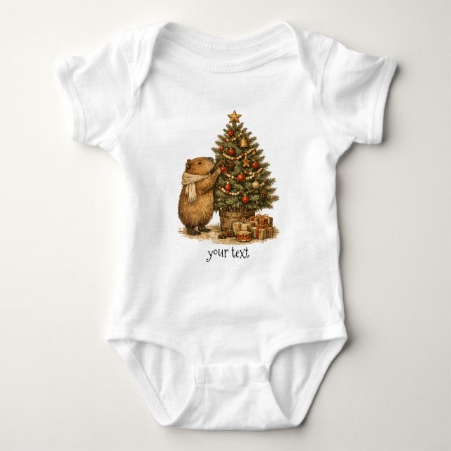Capybara Dekorerar Julgran Mysig Retropresent T Shirt (Framsida)