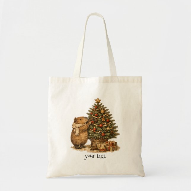 Capybara Dekorerar Julgran Mysig Retropresent Tygkasse (Framsidan)
