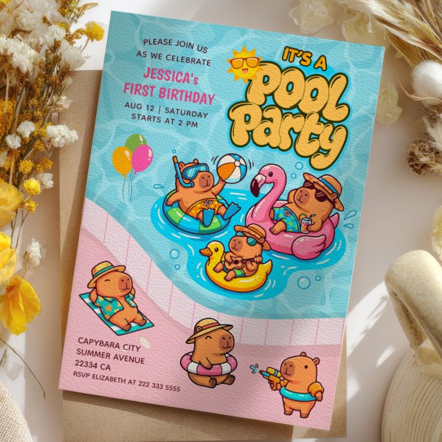 Capybara Djur 1:a födelsedag Sommar Poolparty  Inbjudningar (Skapare uppladdad)