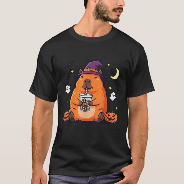 Capybara Drinking Bubble Tea Halloween Spooky Seas T Shirt (Framsida)