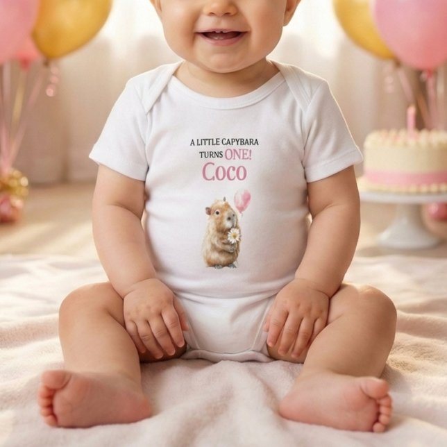 Capybara First Birthday • Birthday Outfit T Shirt (baby wearing white bodysuit with cute capybara holding flower and balloon )