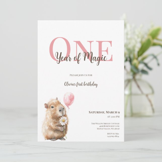 Capybara First Birthday Invitation • Woodland Girl (Stående Fram)
