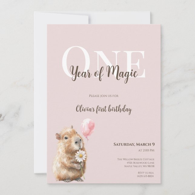 Capybara First Birthday Invitation • Woodland Girl (Framsida)
