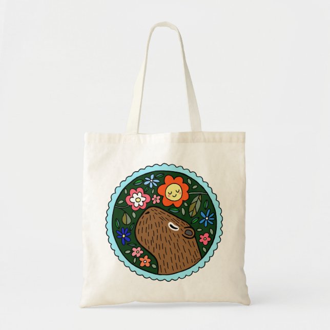 Capybara i Flowers lycklig Capybara Chilling Art Tygkasse (Framsidan)