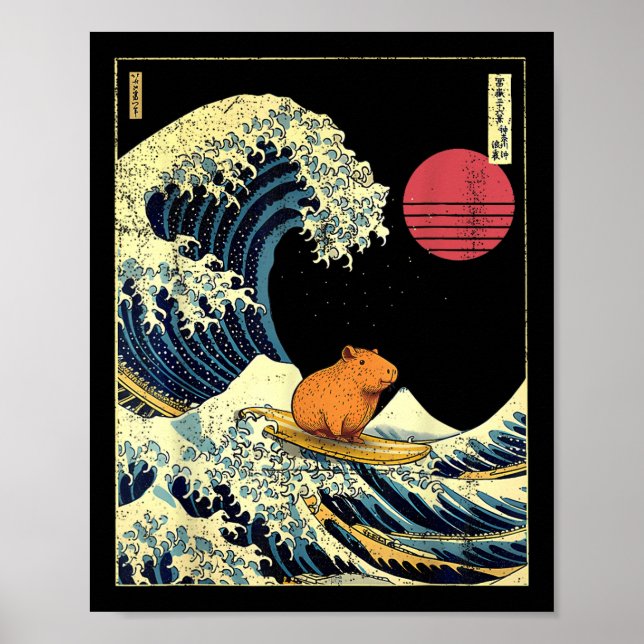Capybara Japanese Kanagawa Wave Funny Surf Animal  Poster (Framsidan)