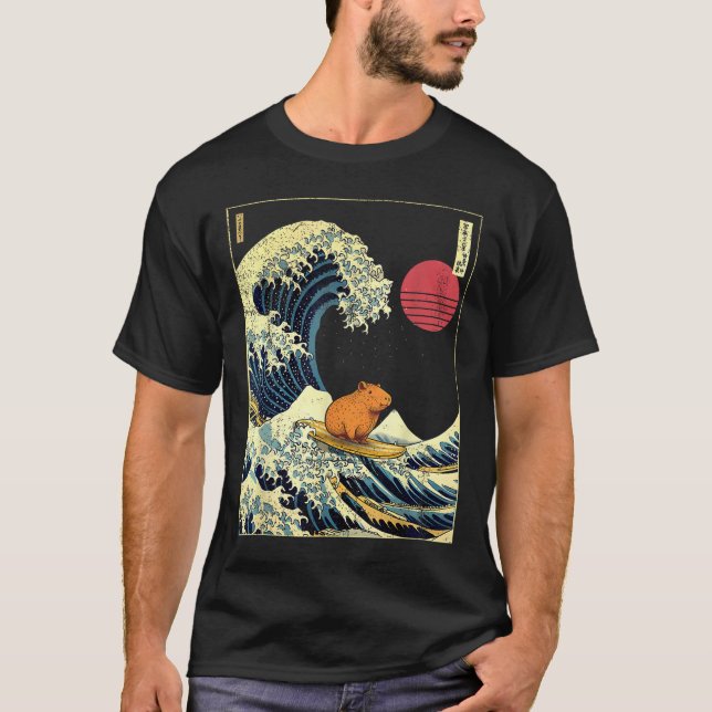 Capybara Japanese Kanagawa Wave Funny Surf Animal  T Shirt (Framsida)