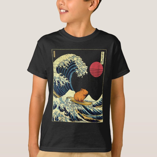 Capybara Japanese Kanagawa Wave Funny Surf Animal  T Shirt (Framsida)