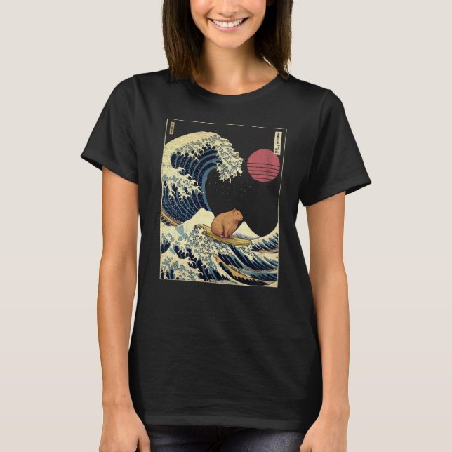 Capybara Kanagawa Wave Funny Surfa Animal T Shirt (Framsida)