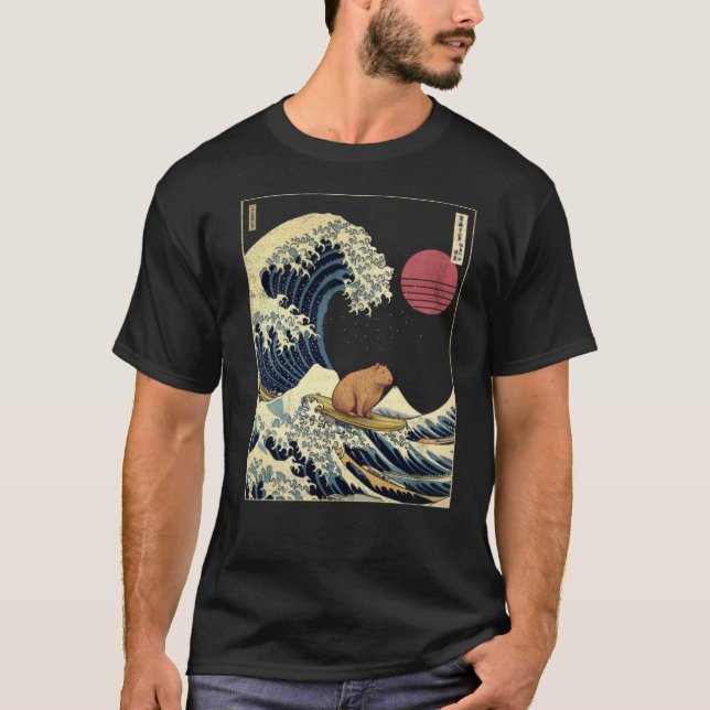 Capybara Kanagawa Wave Funny Surfa Animal T Shirt (Framsida)