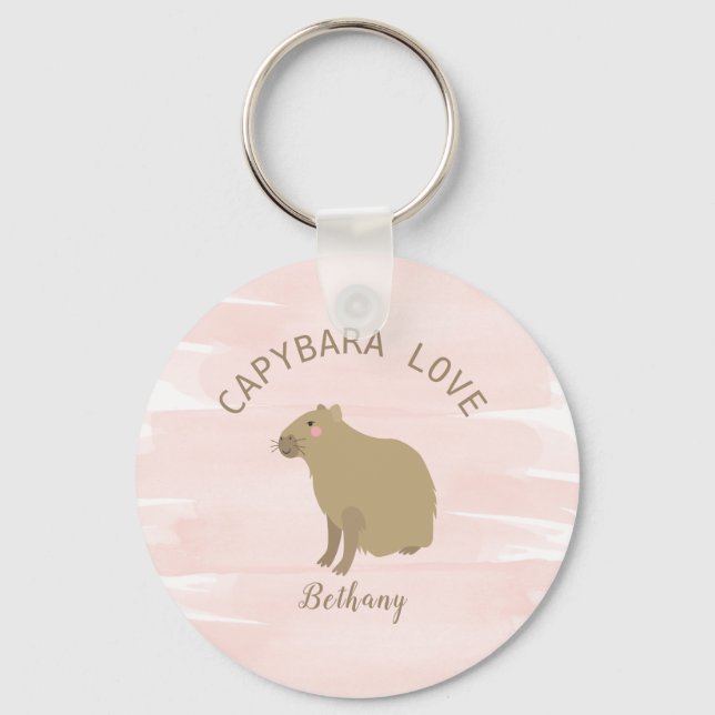 Capybara Kawaii Girly Rosa Watercolor Nyckelring (Framsida)
