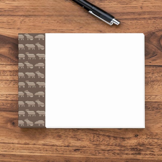 Capybara Mönster Post-It Noteringar Block (A notepad with a side bar border of graphic capybara silhouettes and geometric shapes in brown.)
