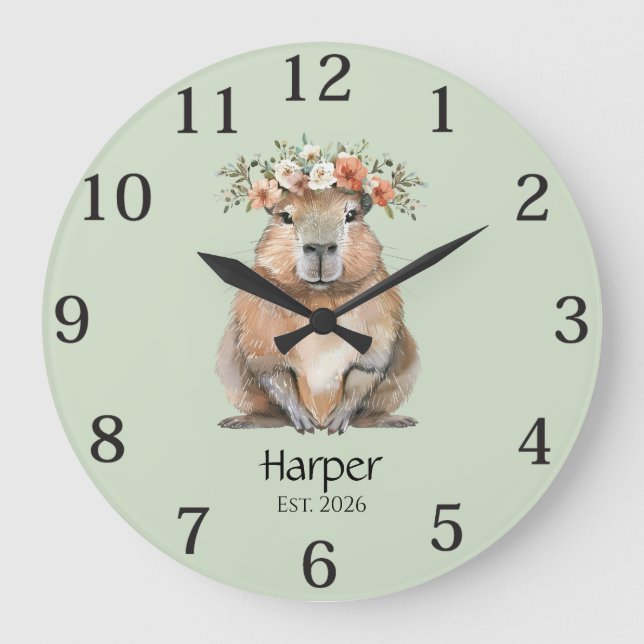 Capybara Nursery Wall Clock • Personalized Stor Klocka (Framsida)