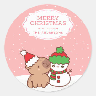 Capybara och Snögubbe Cute God jul Runt Klistermärke