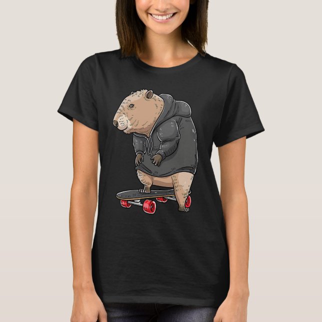 Capybara On A Skateboard Rodent Skater Skateboarde T Shirt (Framsida)