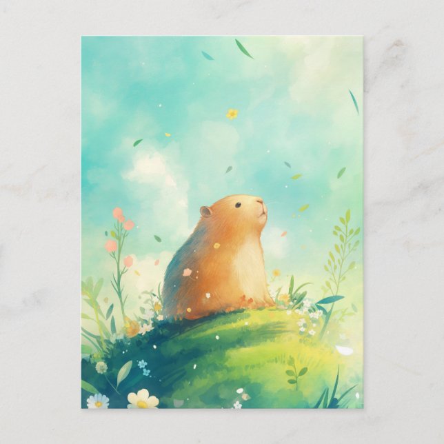 Capybara on Hill with Falling Petals and Leaves Vykort (Framsida)