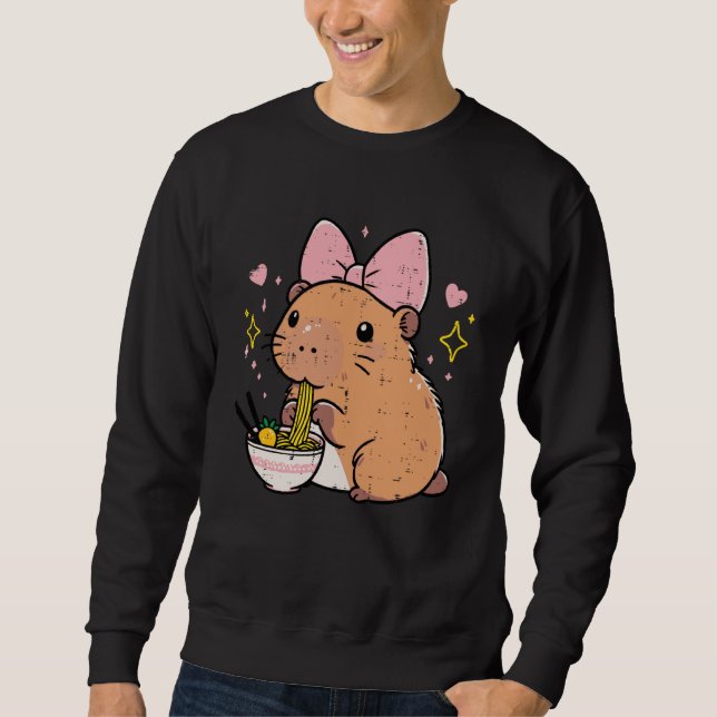 Capybara Pink Bow Eating Ramen Cute Capy Women Gir Lång Ärmad Tröja (Framsida)